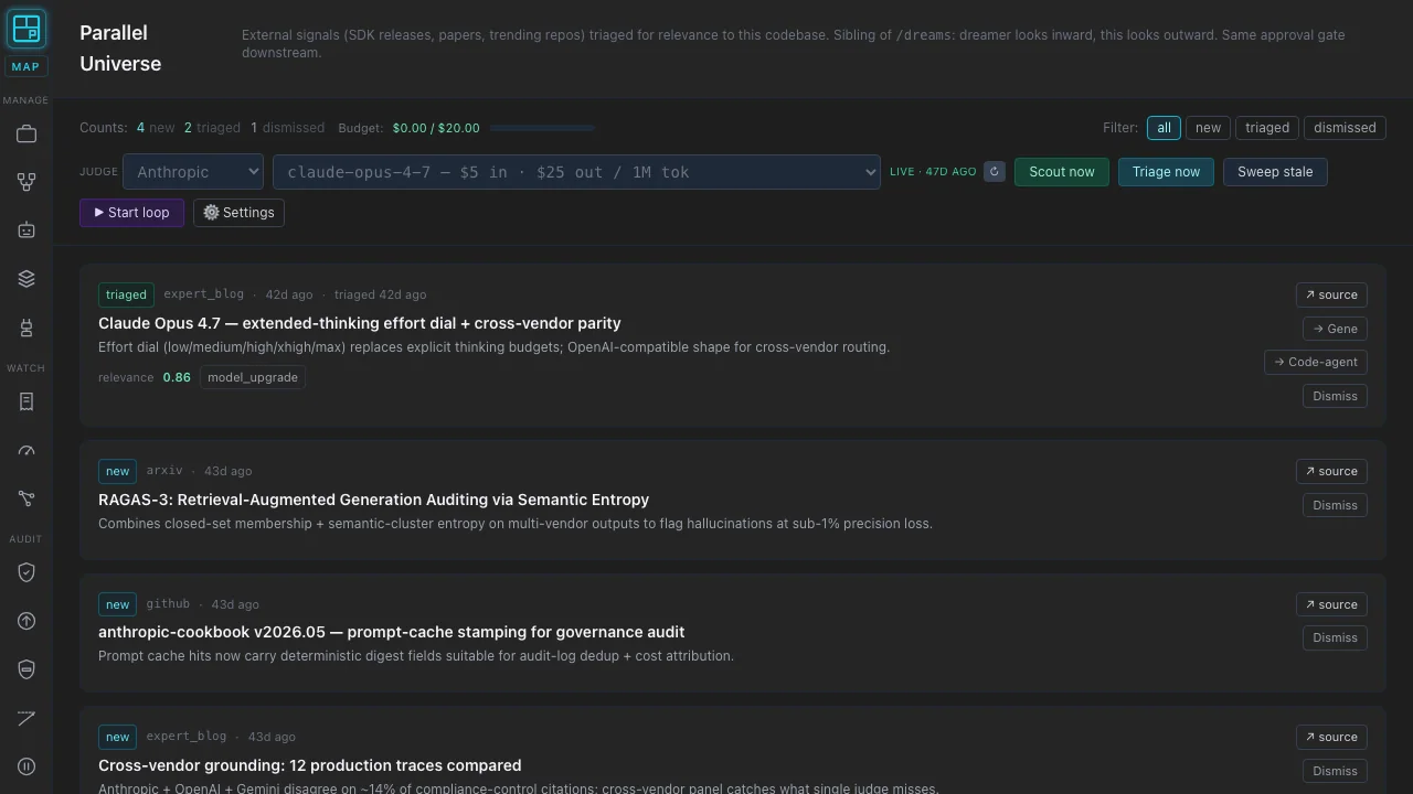 External reflection: research-feed scout that promotes high-relevance items into approval-gated sandbox sessions.