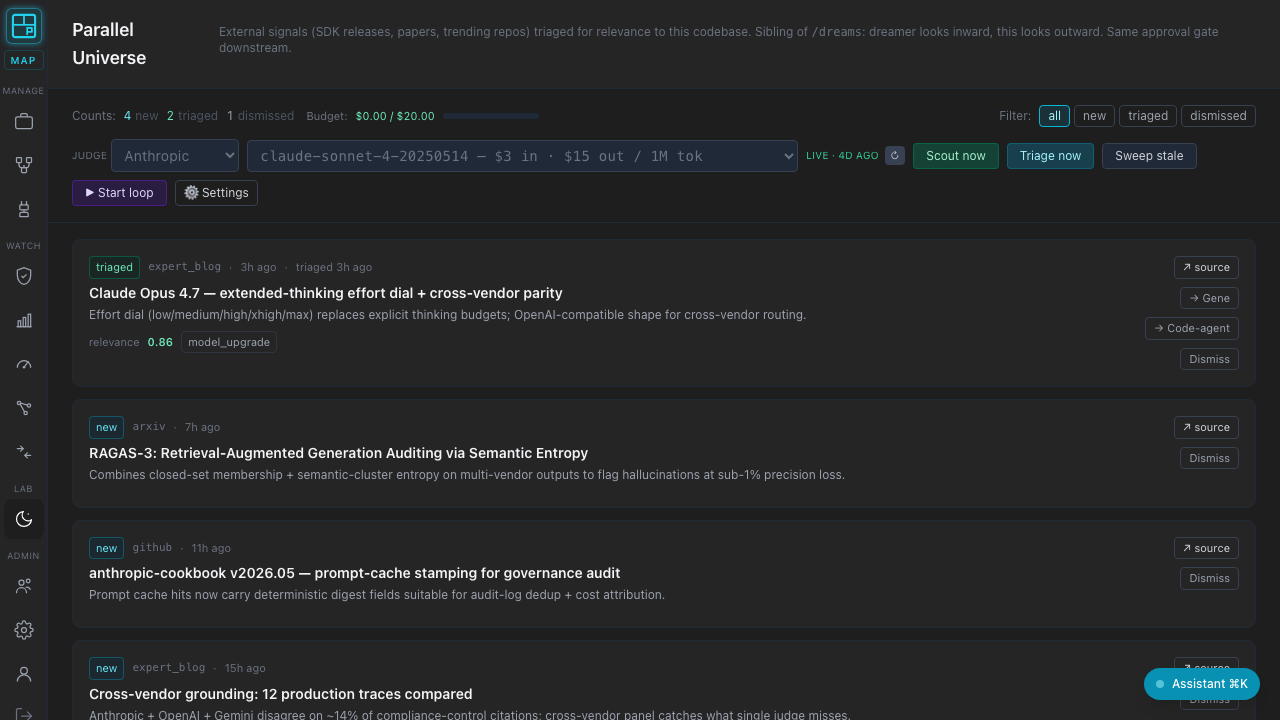 External reflection: research-feed scout that promotes high-relevance items into approval-gated sandbox sessions.