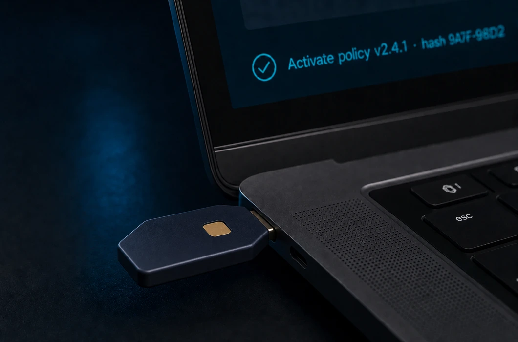R2 — a screenless FIDO2 security key in a laptop port, gold touch contact, while the action summary 'Activate policy v2.4.1 · hash 9A7F-98D2' is shown on the laptop screen. The key has no display, which is exactly why the honest limit at R1 and R2 alike is that the summary is app-rendered