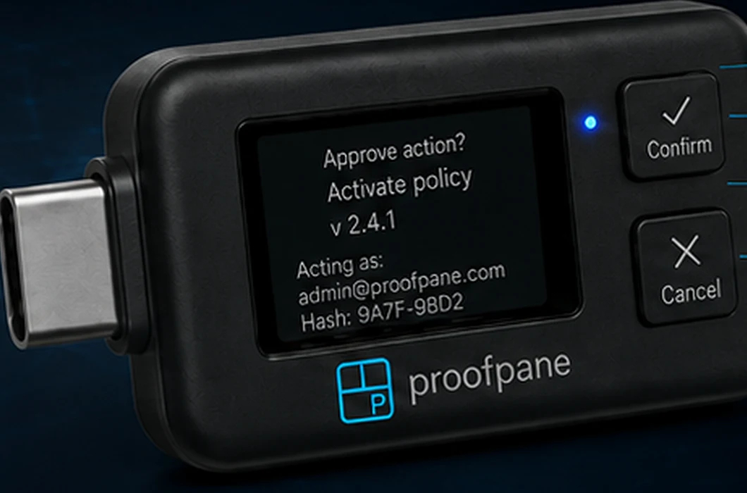 L3 — ProofKey concept device: USB-C signer with trusted display showing the exact action, physical Confirm and Cancel buttons