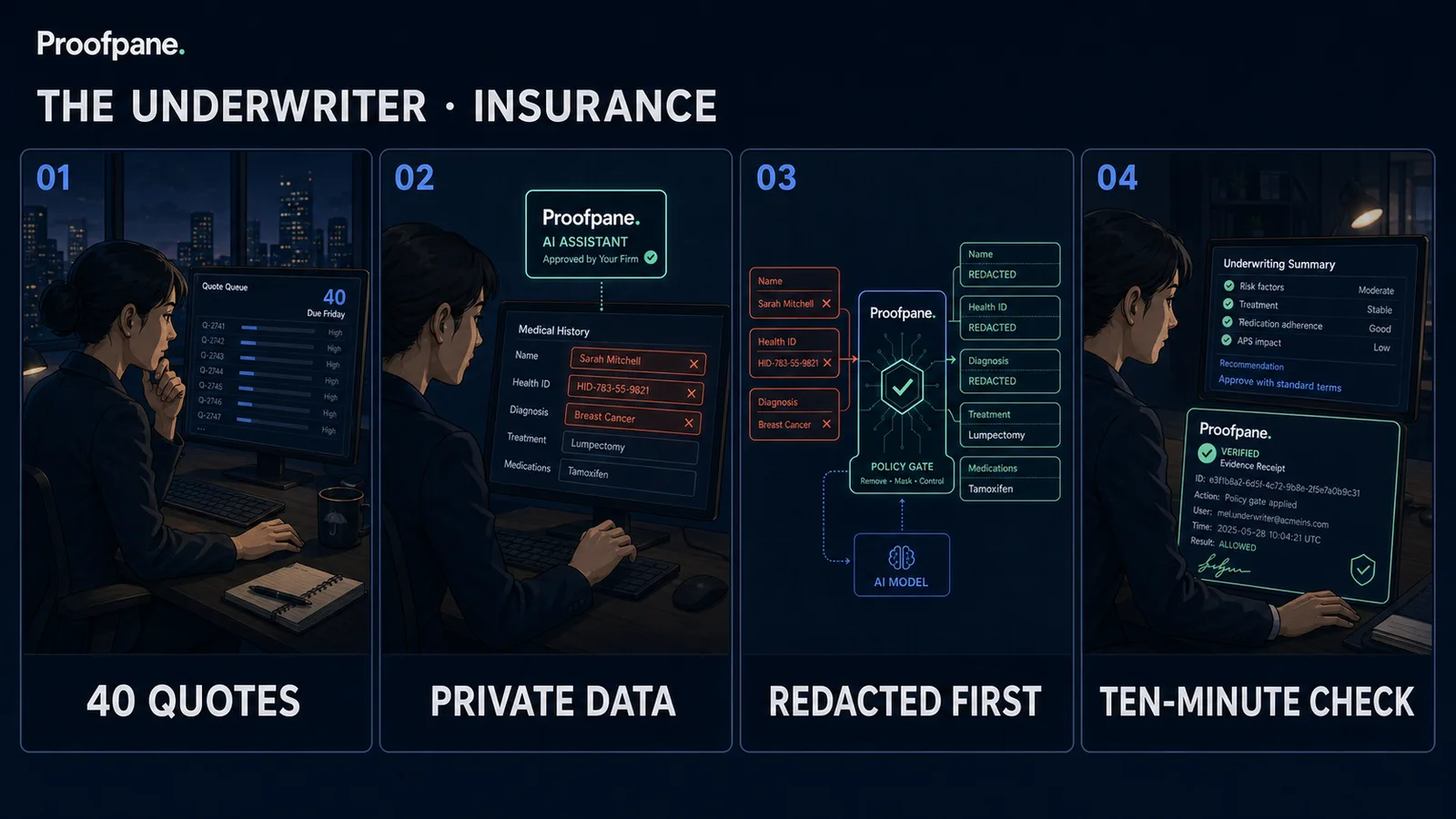 Four-panel comic: an underwriter clearing forty quotes pastes a medical history into the approved AI assistant; Proofpane redacts name, NHI number and diagnosis before the model sees them; the summary still arrives; the privacy check takes ten minutes