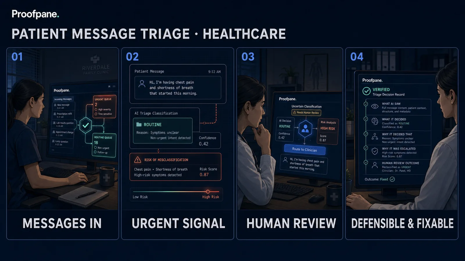Four-panel comic: an AI flow sorts patient messages into urgent and routine; Proofpane routes anything uncertain to a human and records every sorting decision